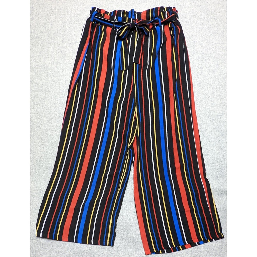 Rue 21 Tie Front Stretch Waist Wide Leg Trouser Pants Colorful Stripes Size L